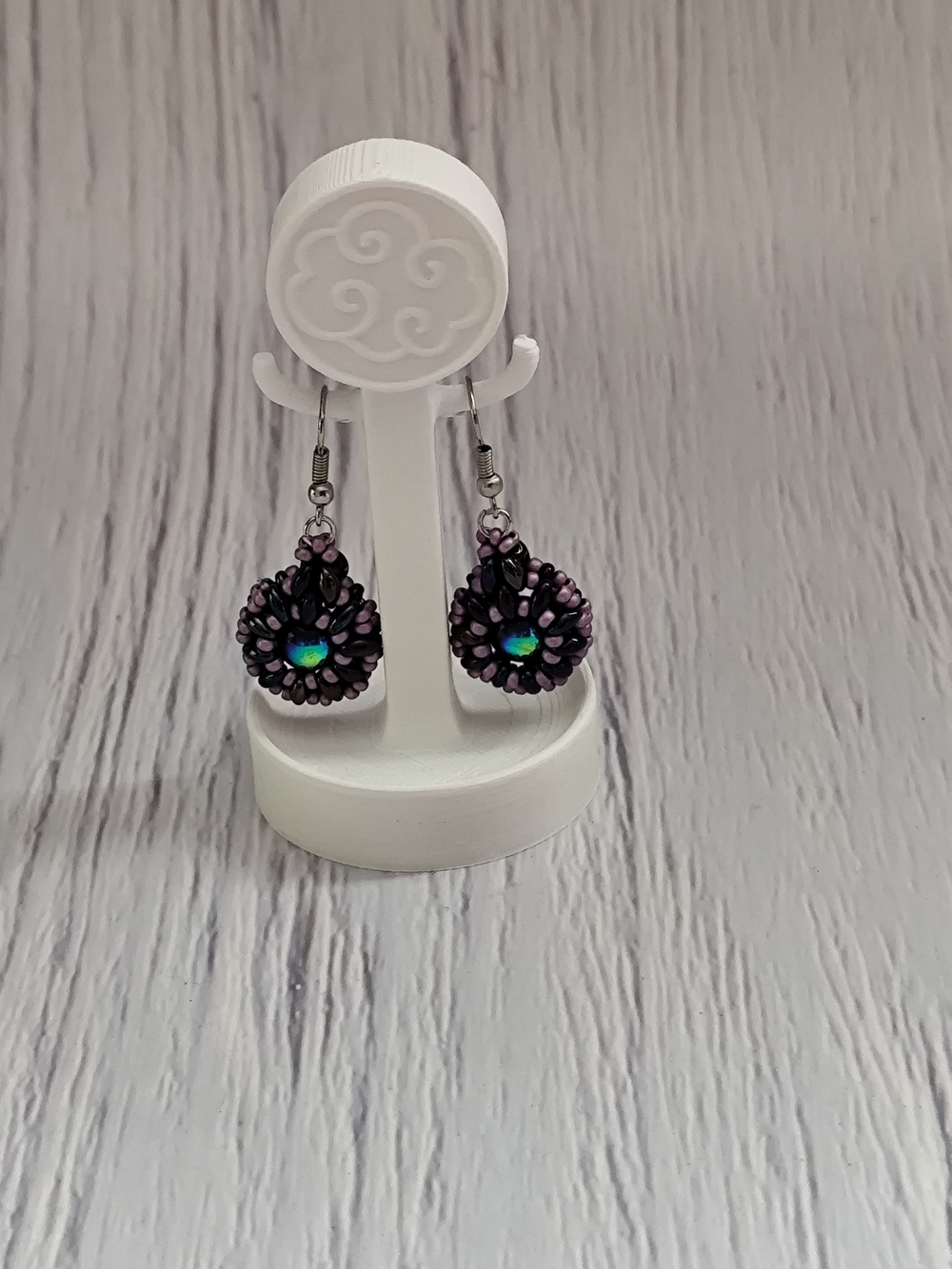 Handmade Purple Beaded Drop Earrings with Iridescent Center